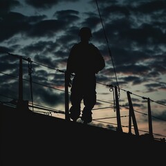 A soldier standing on a ship with a silhouette effect exposed to a little sunlight against a stunning cloudy sky background, great for military, blogs, maritime, navy, web etc. Generative Ai