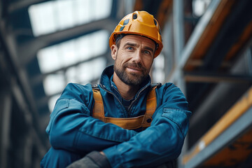 A craftsman in blue workwear working on construction side