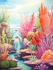 Vintage Seascape: Vibrant Coral Ocean Decor, Reef Explorations - Art Print
