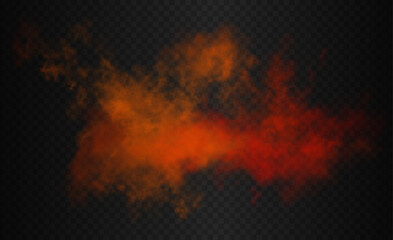 Red, scarlet and orange gradient futuristic colorful smoke cloud. Vector realistic magic color vibrant haze isolated on the semi transparent dark background - obrazy, fototapety, plakaty
