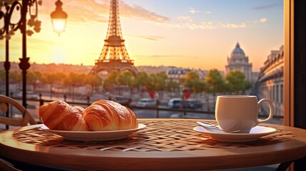 Delicious french croissants and cafe au lait on romantic background of Eiffel tower view Paris, France, Based on Generative AI - obrazy, fototapety, plakaty