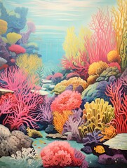 Vibrant Coral Reef Explorations Vintage Wall Art - Captivating Ocean Wall Decor