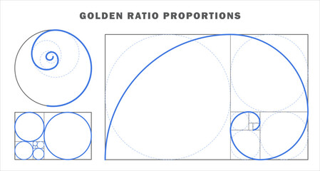 Golden ratio design template collection. Different geometry harmony and balance in law of golden ratio. Golden spiral, golden section. PNG