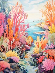 Fototapeta na wymiar Vibrant Coral Wall Art: Vintage Seascape for Reef Explorations and Ocean Decor