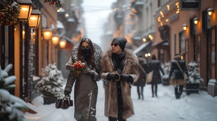 A wintry street where individuals showcase luxury through fur coats and accessories, reflecting the opulence and grandeur of Europe winter fashion. Generative AI.