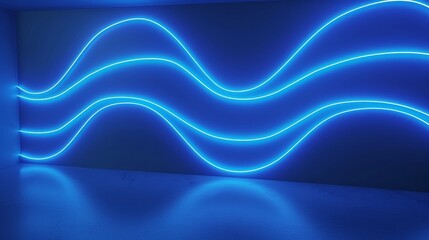 A 3D rendered abstract minimal neon background featuring a glowing wavy line. The dark wall is illuminated with LED lamps, creating a blue futuristic wallpaper effect
