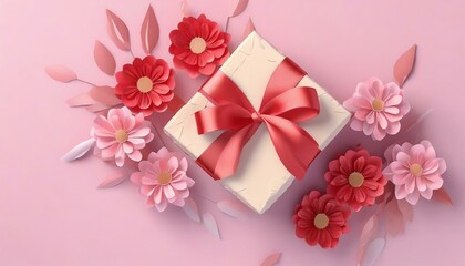 Gift box with red bow surrounded by flowers on pink background, ideal for Valentine's Day greeting card