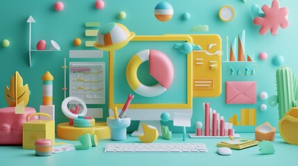 A 3D render illustration depicting the concept of SEO optimization, web analytics, and SEO marketing - obrazy, fototapety, plakaty