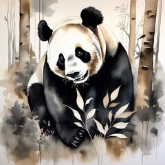 Watercolor panda bear with bamboo leaves
