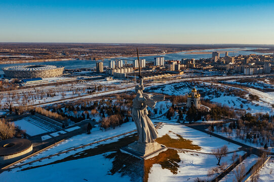 Statue Motherland calls in Mamayev Kurgan, Volgograd, Russia, Feb. 24, 2022, aerial view