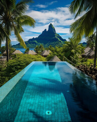 Polynesian Paradise: Poolside Serenity with Ocean and Mountain Backdrop
