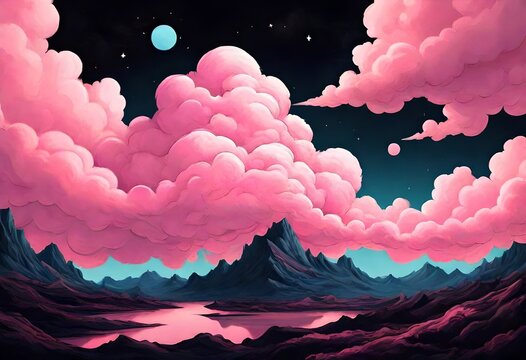 a landscape painting with pink and purple clouds in a blue sky.