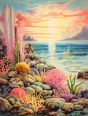 Vibrant Seascape Wall Art: Coral Reef Scene in a Vintage Ocean Landscape