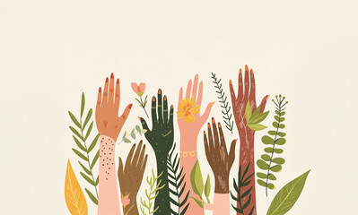 Hands of people of different nationalities raised up, diversity concept