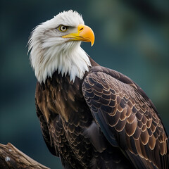 Naklejka premium A bald eagle in exquisite detail, piercing yellow eyes and powerful, hooked beak, out-of-focus gradient, tranquil backdrop. Eagle's observant eye. Generative AI