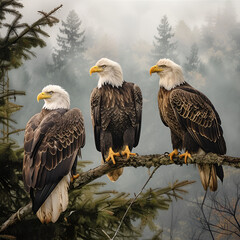 Three bald eagles perched side by side on a robust tree branch facing same direction. Foggy forest landscape in the background. Generative AI