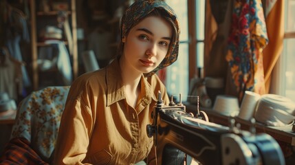 Fototapeta na wymiar closeup portrait of young woman seamstress sitting and sews on sewing machine. Dressmaker work on the sewing machine. Tailor making a garment in her workplace. Hobby sewing as a small business concept