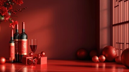 Abstract background, Chinese red gift boxes and two bottles wine on the table, pure light red, traditional Chinese festival atmosphere. Generative AI.