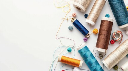 Composition with threads and sewing accessories on white background