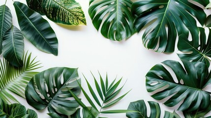 Creative layout made of colorful tropical leaves on white background. Minimal summer exotic concept with copy space. Border arrangement - obrazy, fototapety, plakaty