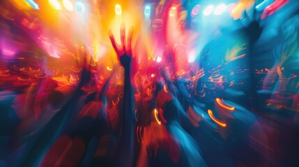 Fototapeta na wymiar Effects blur Concert disco dj party. People with hands up having fun