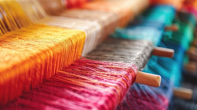 From above closeup of full frame parallel colorful threads during weaving process in selective focus