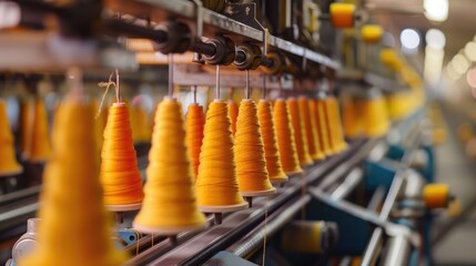 large group of bobbin thread cones on a warping machine in a textile mill. - obrazy, fototapety, plakaty
