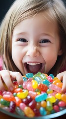 Little Girl Delighted by a Colorful Assortment of Jelly Beans, Child Sweet Tooth Moment.