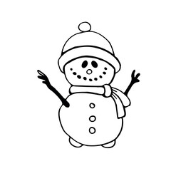 Outline drawing of a snowman in a hat. Black line sketch. Vector illustration.