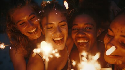 Picture showing group of friends having fun with sparklers - obrazy, fototapety, plakaty