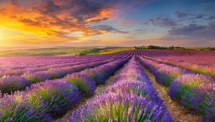 stunning landscape with lavender field at sunset