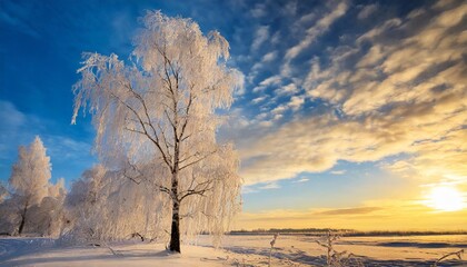 birch branches in frost against the blue sky and golden clouds