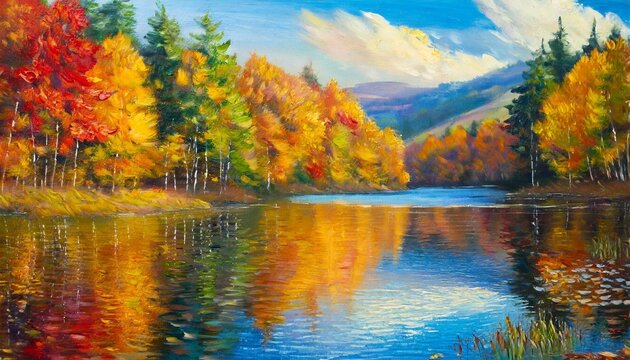 oil painting colorful autumn forest and lake
