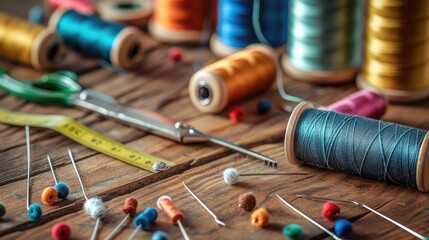 Spools of thread and basic sewing tools including pins, needle, a thimble, and tape measure on a wooden tabletop - obrazy, fototapety, plakaty