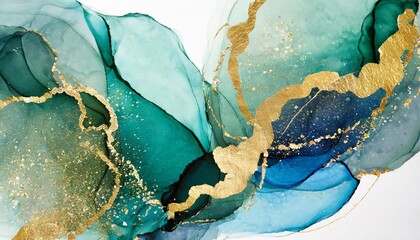 watercolor abstract background made by alcohol ink decorated with gold foil blue and green color accent minimalist style transparent background png