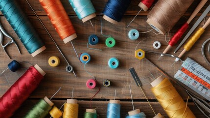Spools of thread and basic sewing tools including pins, needle, a thimble, and tape measure on a wooden tabletop - obrazy, fototapety, plakaty