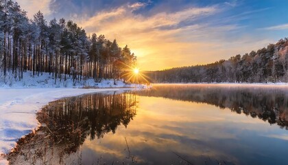 beautiful landscape of a forest lake with the reflection of the forest in the water sunset in the winter season