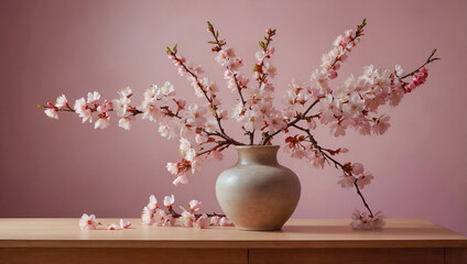 Beautiful vase with cherry blossoms branch, decoration