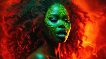 Emerald Glow on Woman with Abstract Art. A woman's profile with vivid emerald body art against fiery backdrop.