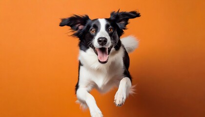 un perro blanco y negro saltando sobre un fondo naranja al estilo de los retratos minimalistas
