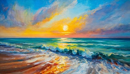 Fototapeta na wymiar oil painting of the sea multicolored sunset on the horizon watercolor
