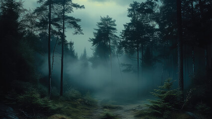 Dark forest with misty. Generative AI.