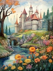 Vintage Castle: Majestic Fairytale Turrets on a Medieval Landscape - obrazy, fototapety, plakaty