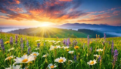 beautiful spring morning sunrise over fresh green meadow with flowers