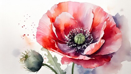 single watercolor flower on white background poppy painting floral decor element for greeting birthday wedding card