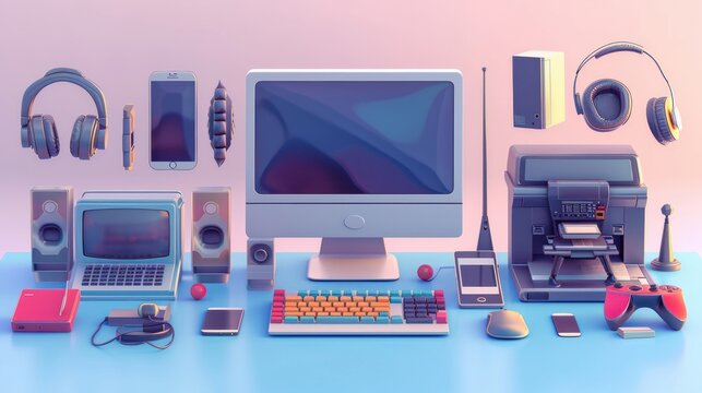 3D render vector icon set featuring computer devices such as a computer, laptop, smartphone, headphones, printer, game console, floppy disk, and video card