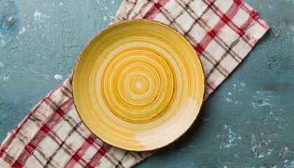 top view on colored background empty round yellow plate on tablecloth for food empty dish on napkin with space for your design - Powered by Adobe