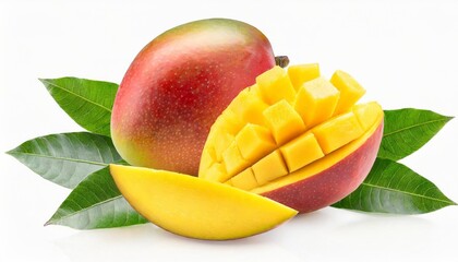 mango fruit and sliced with leaves isolated on transparent background png