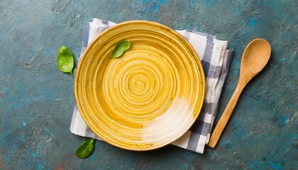 top view on colored background empty round yellow plate on tablecloth for food empty dish on napkin...