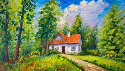 oil painting house in the summer forest